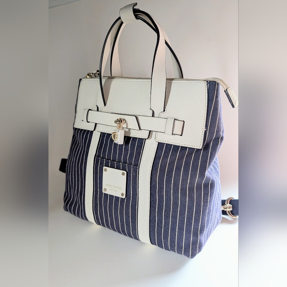 NWOT - Henri Bendel - Jetsetter Backpack - White & Navy Denim Pinststripe